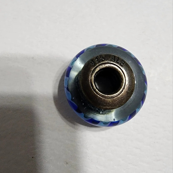 PANDORA Teal-Blue Stripes Murano Glass Sterling Silver Charm - Retired - Picture 3 of 8